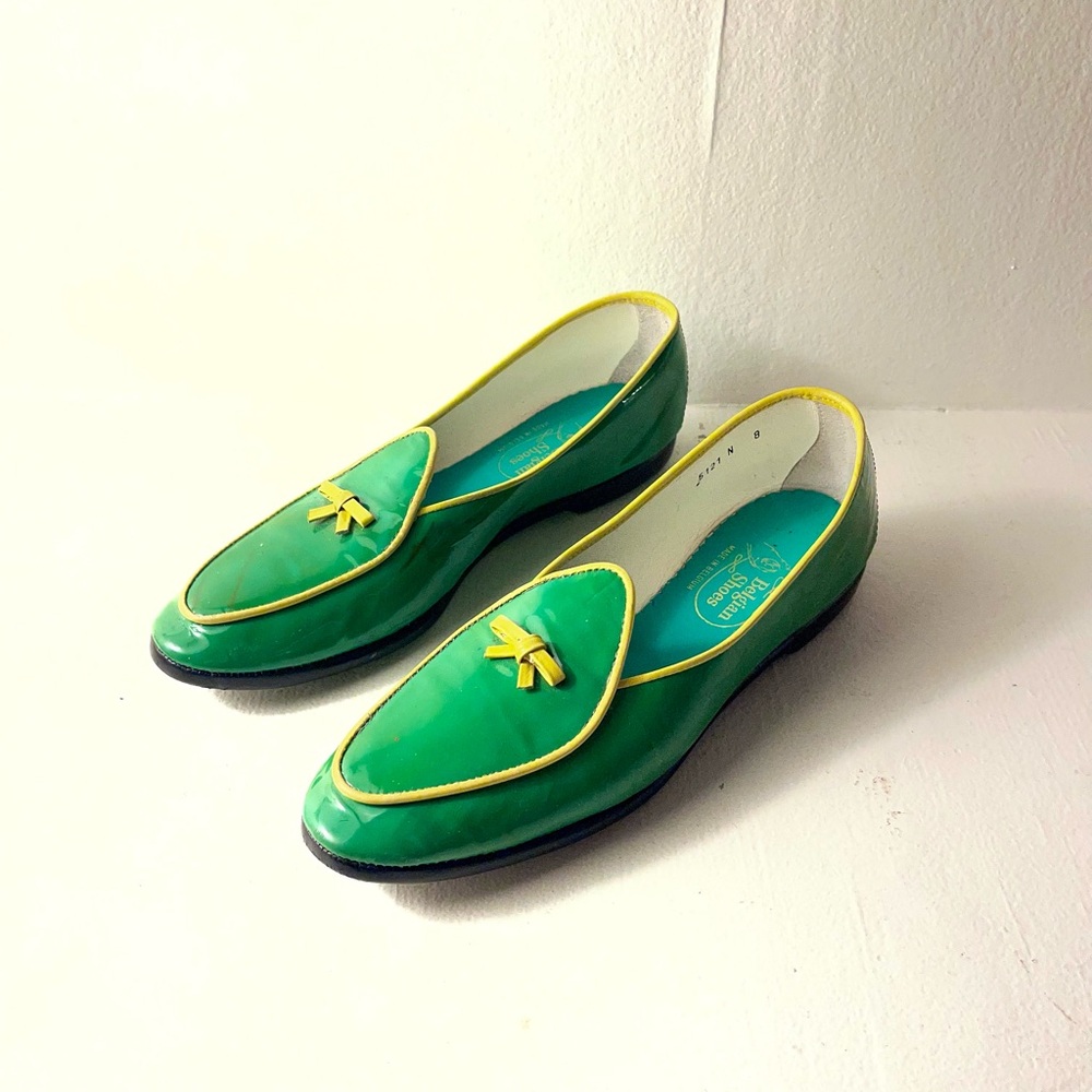 Belgian Shoes women’s 8N Midinette Kelly green patent leather loafers